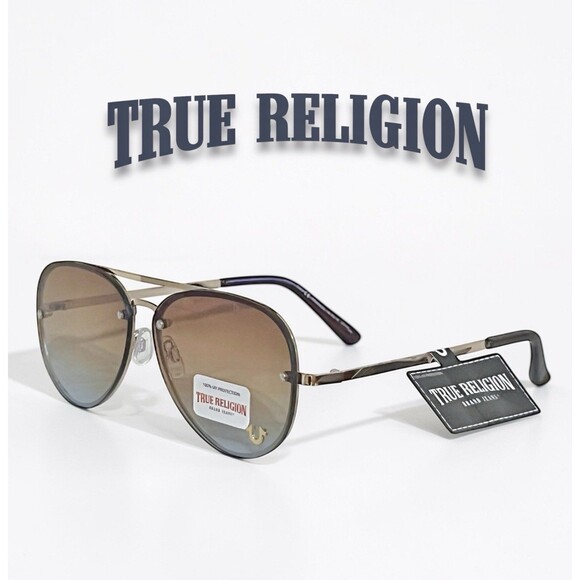True Religion Aviator Sunglasses 2-Tone Blue/Amber Lens Gold Frame NEW main image 4